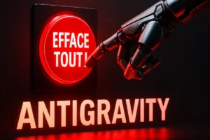 Bras robotique appuyant sur un bouton rouge lumineux marqué Efface Tout, symbolisant un agent IA provoquant un effacement critique.