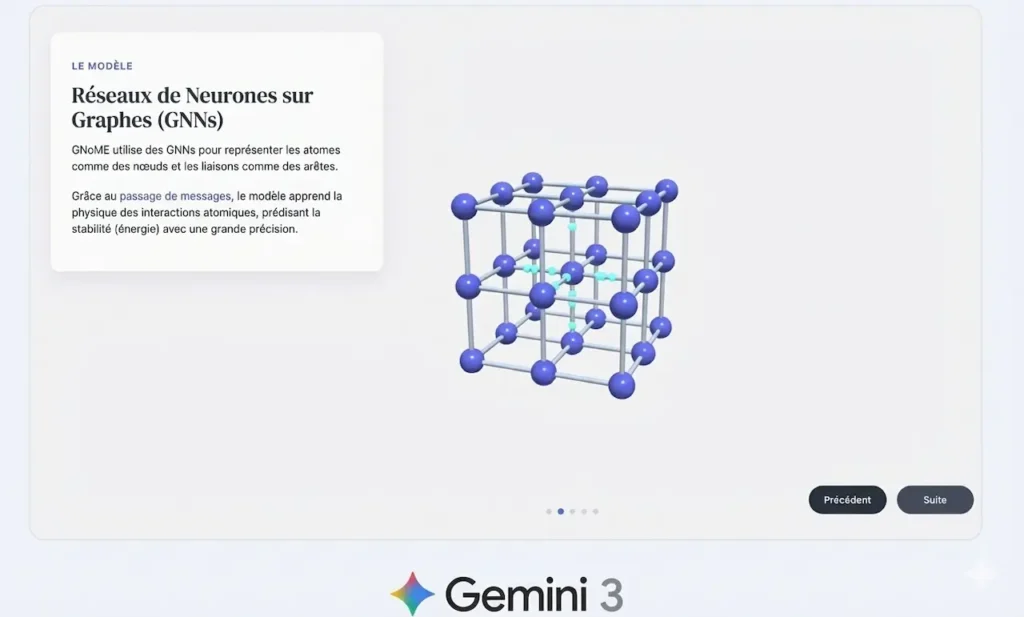 Capture d'écran d'une interface web interactive Google (style Gemini) sur fond clair. À gauche, un panneau de texte explicatif en français intitulé 'Réseaux de Neurones sur Graphes (GNNs)' détaille le modèle GNoME et le 'passage de messages' pour la découverte de matériaux. À droite, une visualisation 3D interactive manipulable d'une structure cristalline composée d'atomes bleus reliés entre eux. En bas, des boutons de navigation 'Précédent' et 'Suite', ainsi que le logo Gemini.
