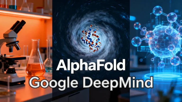 Image 16:9 divisée : laboratoire traditionnel à gauche, IA numérique à droite, convergence au centre, avec texte blanc "AlphaFold" et "Google DeepMind" bien positionné en bas