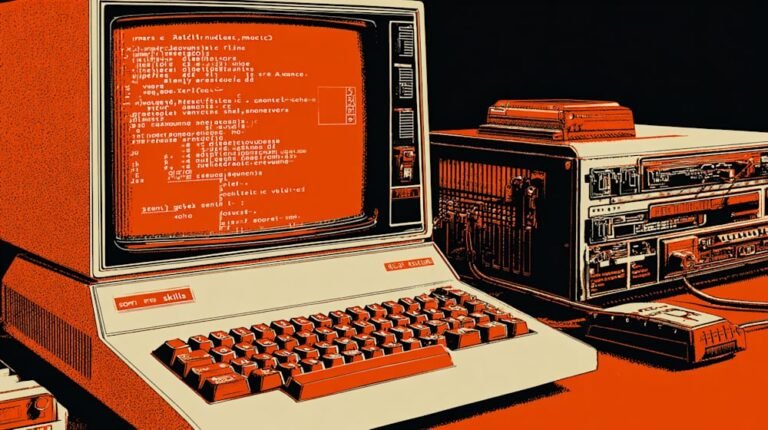 Photo montrant un ordinateur ancien Atari avec des lignes de code affichées sur l'écran