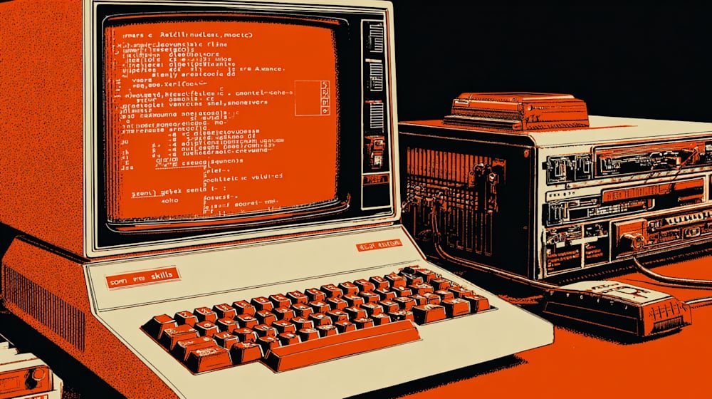 Photo montrant un ordinateur ancien Atari avec des lignes de code affichées sur l'écran