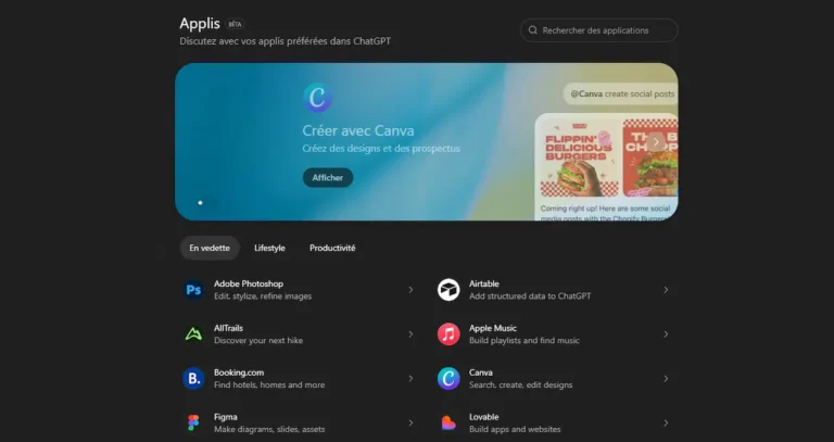 Image d'une page web avec différentes applications de l'App Store de ChatGPT qui s'affichent