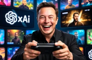 Elon Muk d'xAI joue à un jeu vidéo devant un écran d'écrans