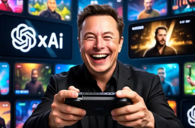 Elon Muk d'xAI joue à un jeu vidéo devant un écran d'écrans