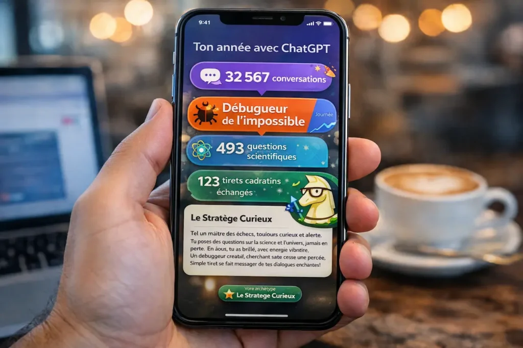 Main tenant un smartphone affichant un récapitulatif ChatGPT avec 32 567 conversations, le titre “Débugueur de l’impossible”, 493 questions scientifiques, 123 tirets cadratins échangés, un poème et l’archétype “Le Stratège Curieux”, dans un café.