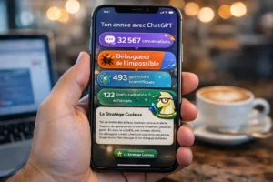 Main tenant un smartphone affichant un récapitulatif ChatGPT avec 32 567 conversations, le titre “Débugueur de l’impossible”, 493 questions scientifiques, 123 tirets cadratins échangés, un poème et l’archétype “Le Stratège Curieux”, dans un café.