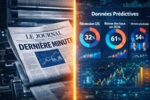Illustration montrant la fusion entre un journal financier traditionnel et des données de marchés prédictifs en temps réel, symbolisant le partenariat entre Polymarket et Dow Jones.