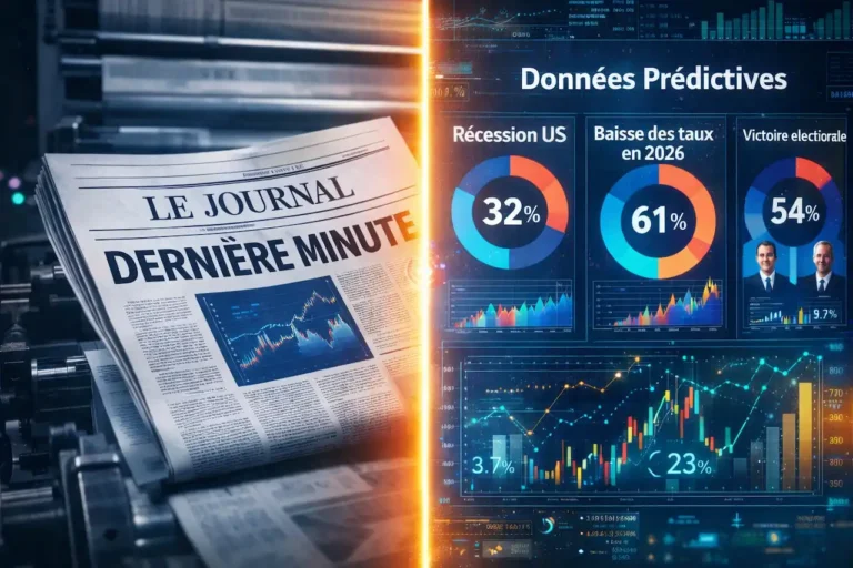 Illustration montrant la fusion entre un journal financier traditionnel et des données de marchés prédictifs en temps réel, symbolisant le partenariat entre Polymarket et Dow Jones.