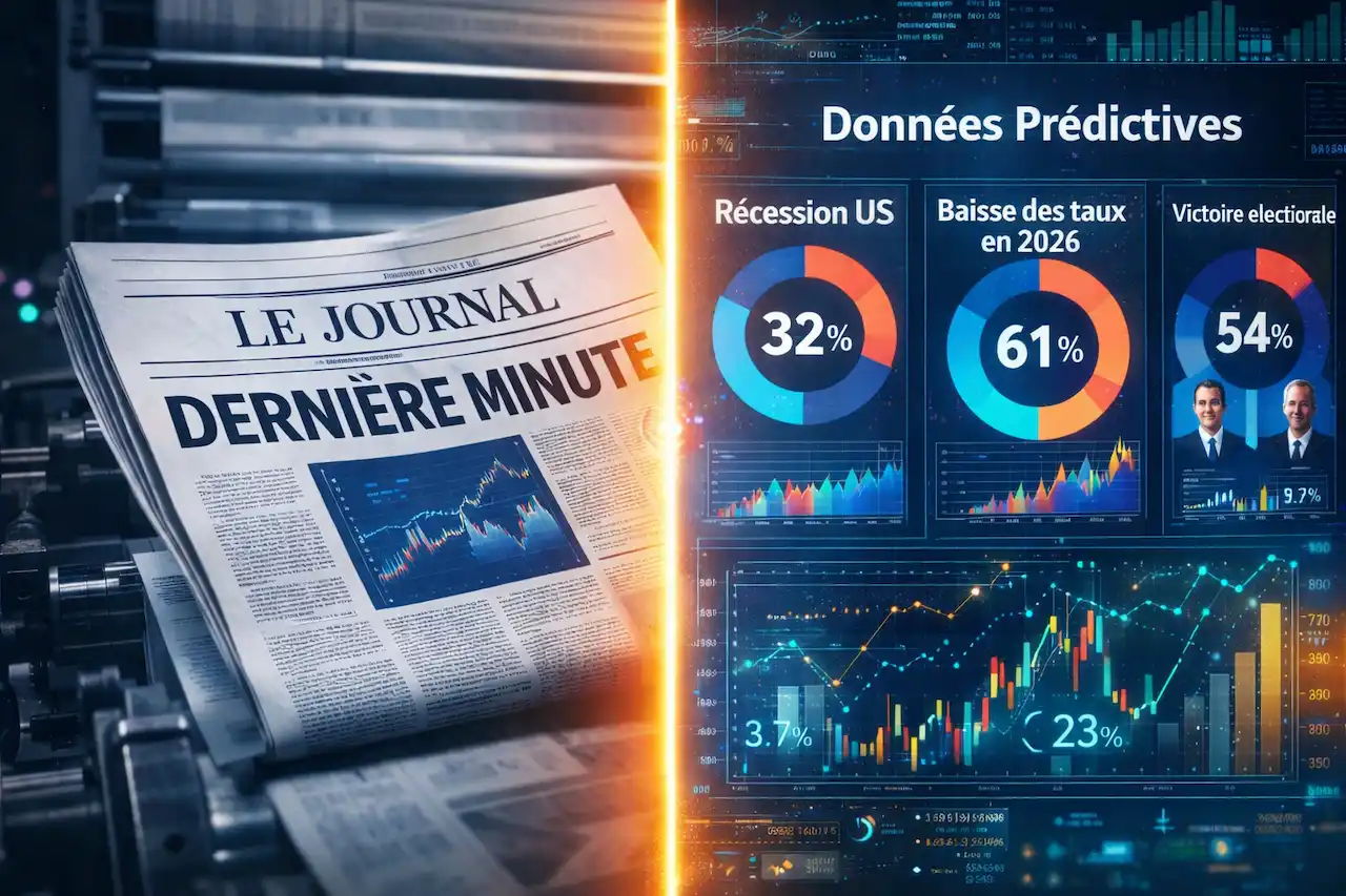 Illustration montrant la fusion entre un journal financier traditionnel et des données de marchés prédictifs en temps réel, symbolisant le partenariat entre Polymarket et Dow Jones.