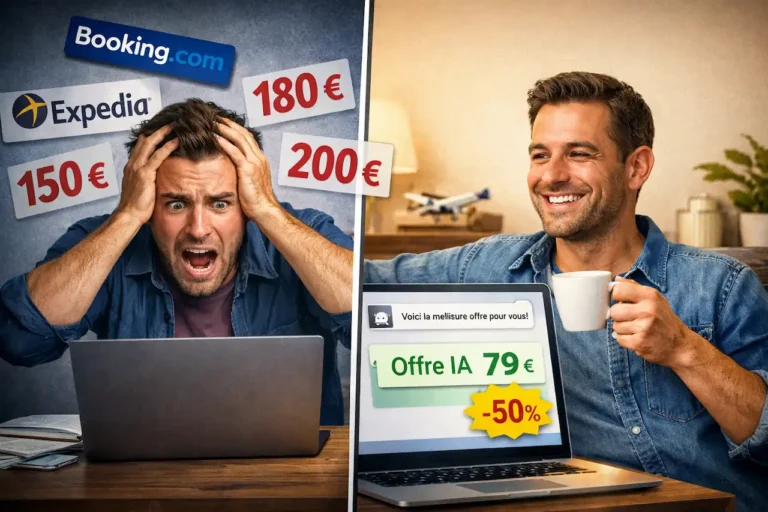Image divisée en deux : à gauche, un homme stressé par des prix élevés sur Booking et Expedia ; à droite, le même homme détendu devant une offre IA à 79 € avec 50 % de réduction.